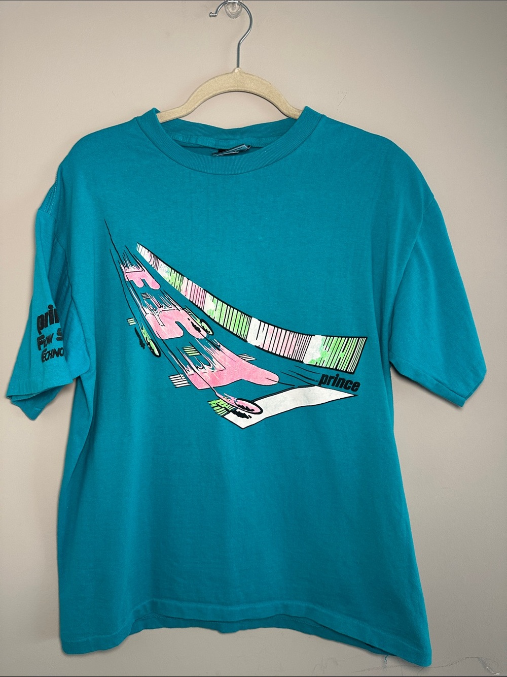 Prince FST vintage faded Teal T-Shirt with Pink, Light Green & White Graphic